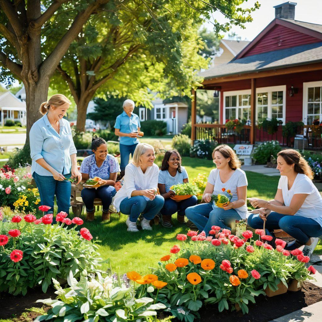 A harmonious community scene showcasing smiling diverse individuals engaging in various activities like gardening, sharing meals, and participating in workshops. Bright flowers and trees surround them, symbolizing growth and connectivity. In the background, a cozy community center with a welcoming sign and playful children. The atmosphere is warm and inviting, highlighting cooperation and joy. super-realistic. vibrant colors. soft lighting.