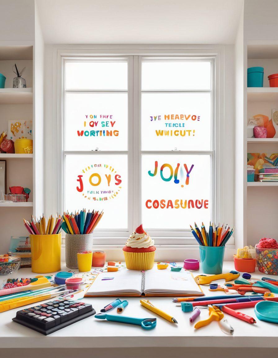 A vibrant and cheerful workspace filled with colorful tools and resources, symbolizing joy and creativity. Include motivational quotes on the walls, a bright window with sunshine streaming in, and a cupcake on the desk to enhance the elation theme. The overall composition should express warmth, positivity, and inspiration. super-realistic. vibrant colors. white background.