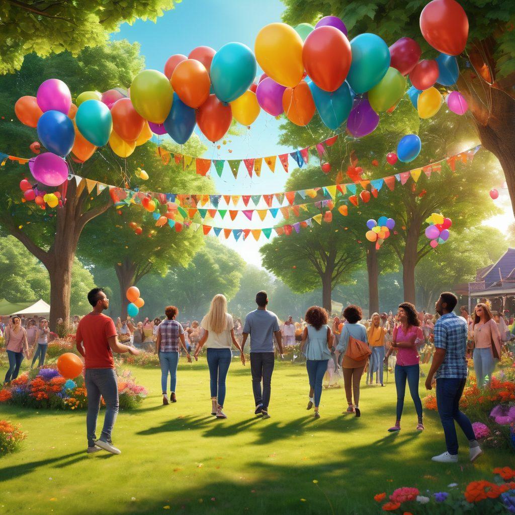 A colorful, vibrant community scene showcasing diverse people interacting joyfully in a park, surrounded by nature. Bright flowers and trees in the background, with festive banners and balloons adding to the cheerful atmosphere. Highlight a central gathering point where individuals share stories and laughter, emphasizing connection and happiness. super-realistic. vibrant colors. 3D.